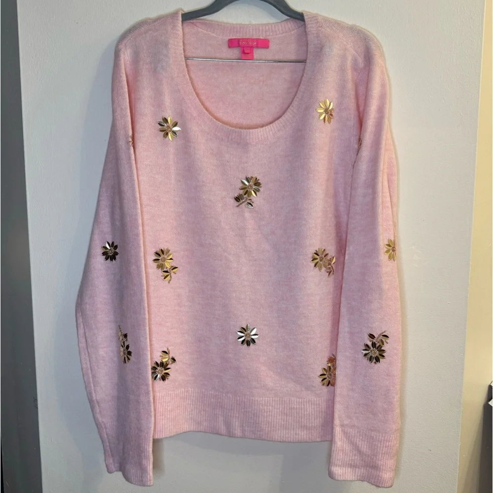 Lilly Pulitzer Soft Pink Kalaya Sweater Gold Bead Sequin Daisy Flowers Sweater